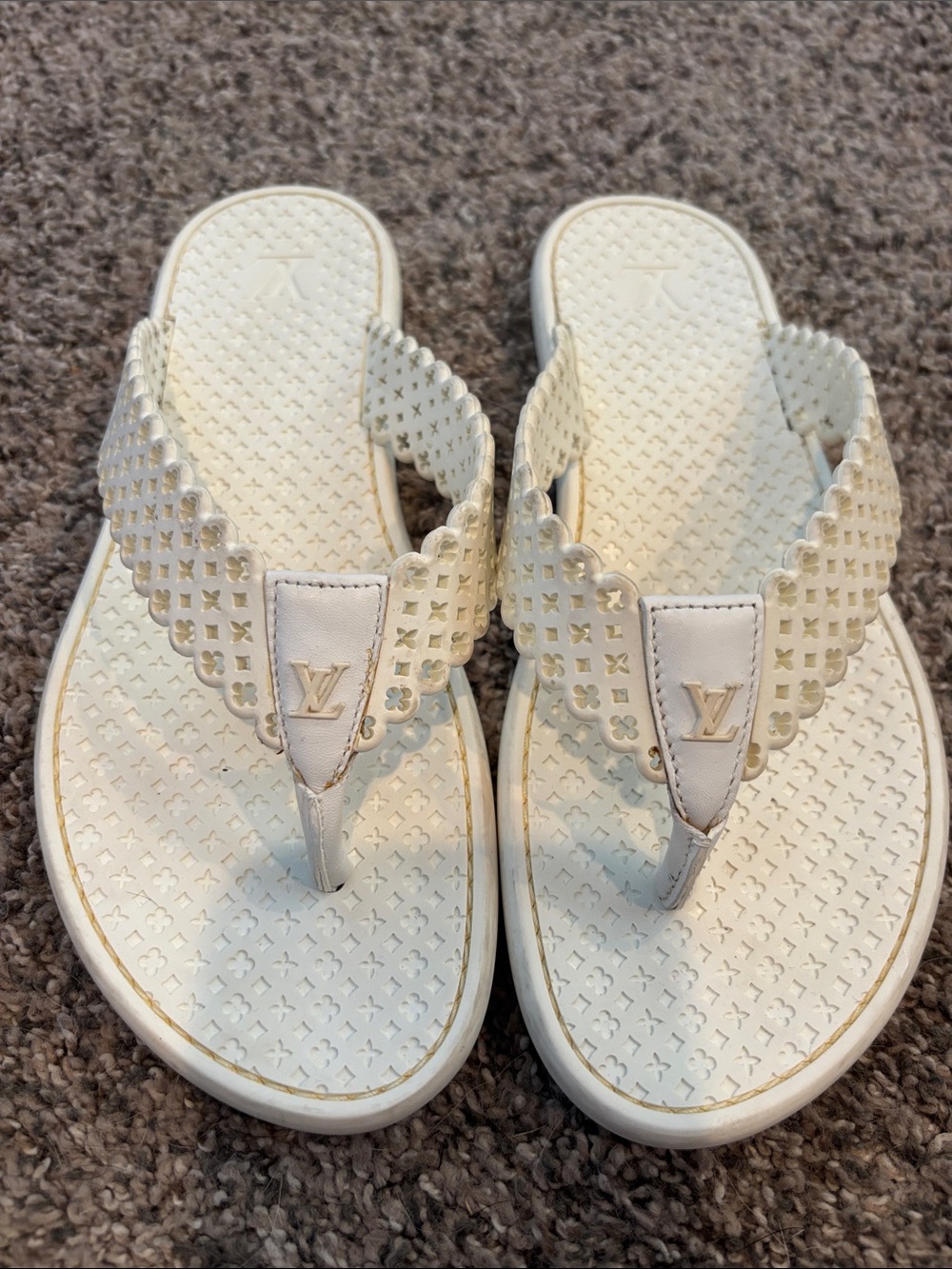 Louis Vuitton Cream/Gold Monogram Cutout Thong Sandals
